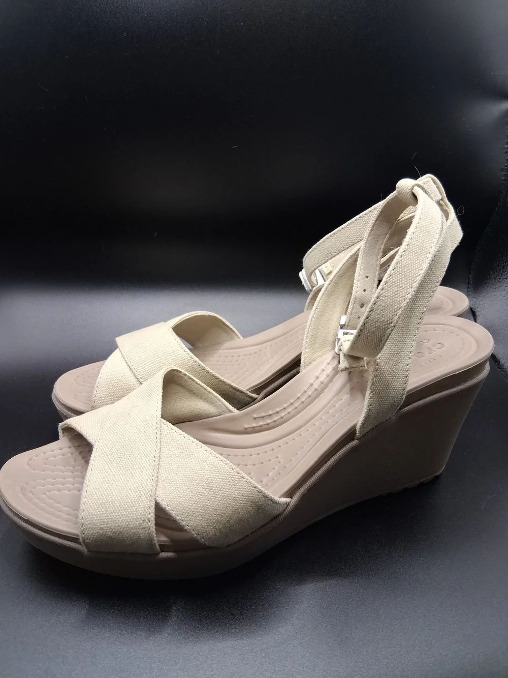 CROCS Cream Canvas Wedge Sandals with Ankle Strap - Picture 5 of 11